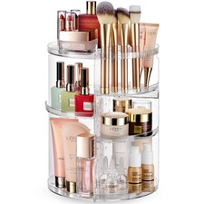 Rotating Makeup Organizer Countertop - Adjustable Shelf Height Clear 