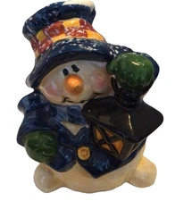 Snowman Figurine w Coat & Hat Holding Lantern VTG