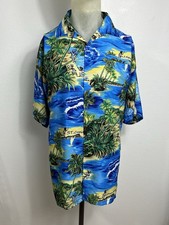 Hawaiian Shirt Mens Blue Button-Up Short Sleeve Tropical Pockets SEE MEASUREMENT