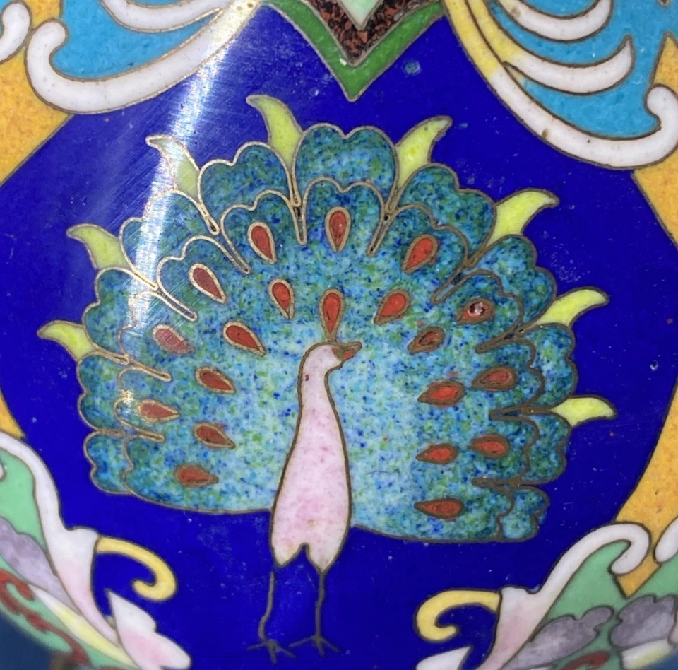 Ancien vase cloisonné chinois émail bleu paons oiseaux fleurs début XXe - Photo 4/4