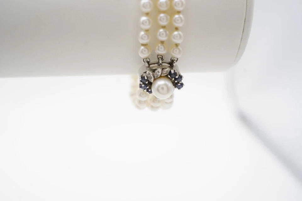 Triple Strand 4mm Akoya Pearl Bracelet. 7 Inches. Sapphire and Diamond Clasp. - Image 4 of 4