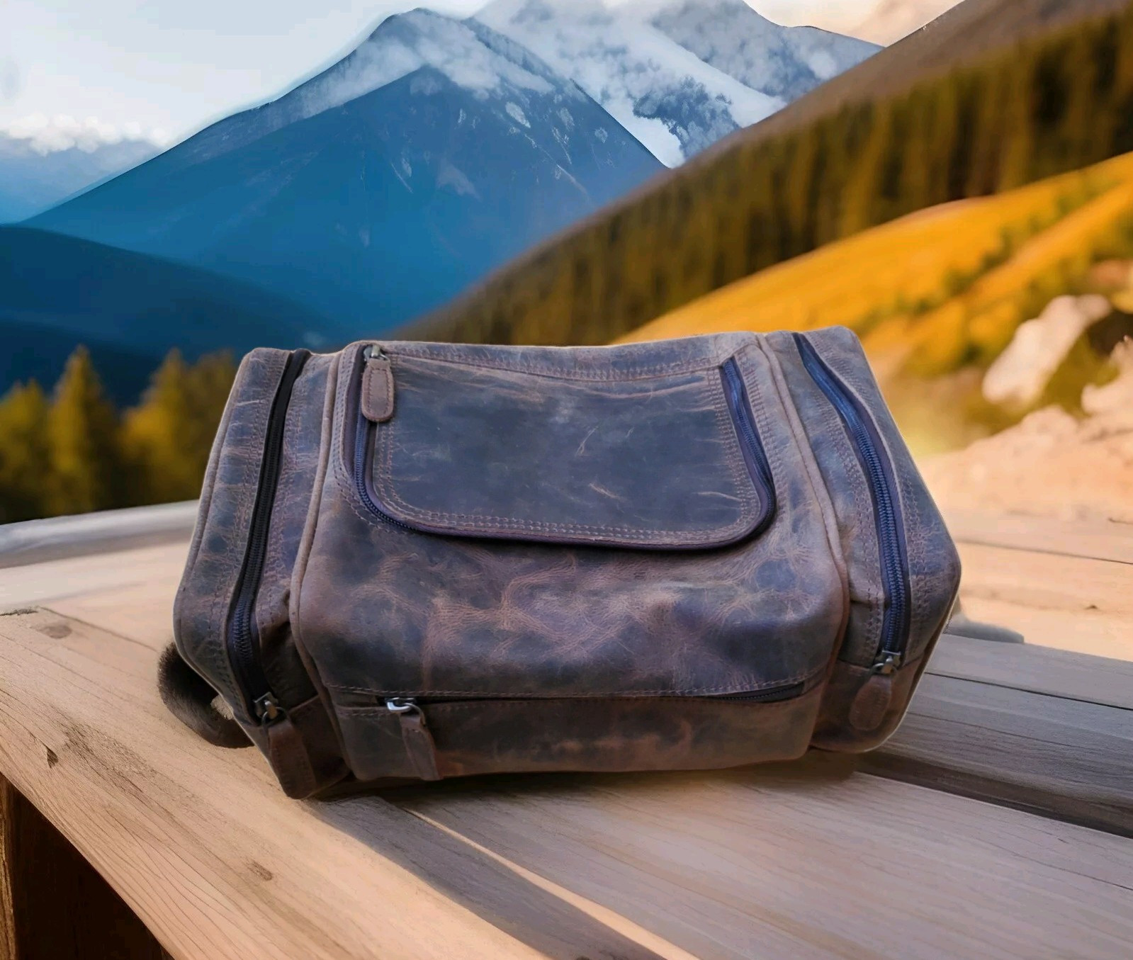 Genuine Buffalo Leather Toiletry Bag Travel Dopp Kit Shaving Case For Men Women