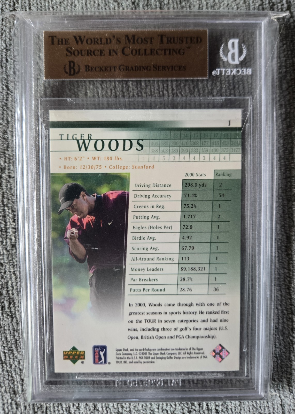 2001 UPPER DECK TIGER WOODS #1 ROOKIE RC BGS 10 PRISTINE view 2