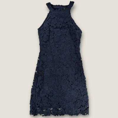 Lulus Dress XS Navy Blue Lace Halter Bodycon Crochet Wedding Guest Mini