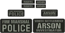 FIRE MARSHAL POLICE  8 EMB PATCHES 4X10 AND 2X5 HOOK ON BACK GRAY ON BLACK