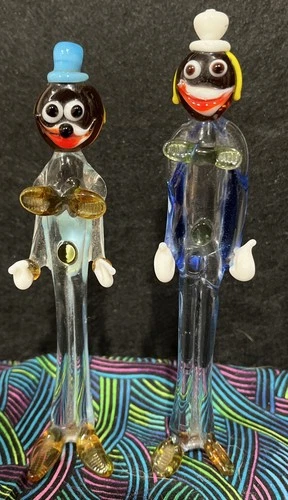Vintage Hand Blown Art Glass Clown Figurine Lot Of 2 Murano Style 6”