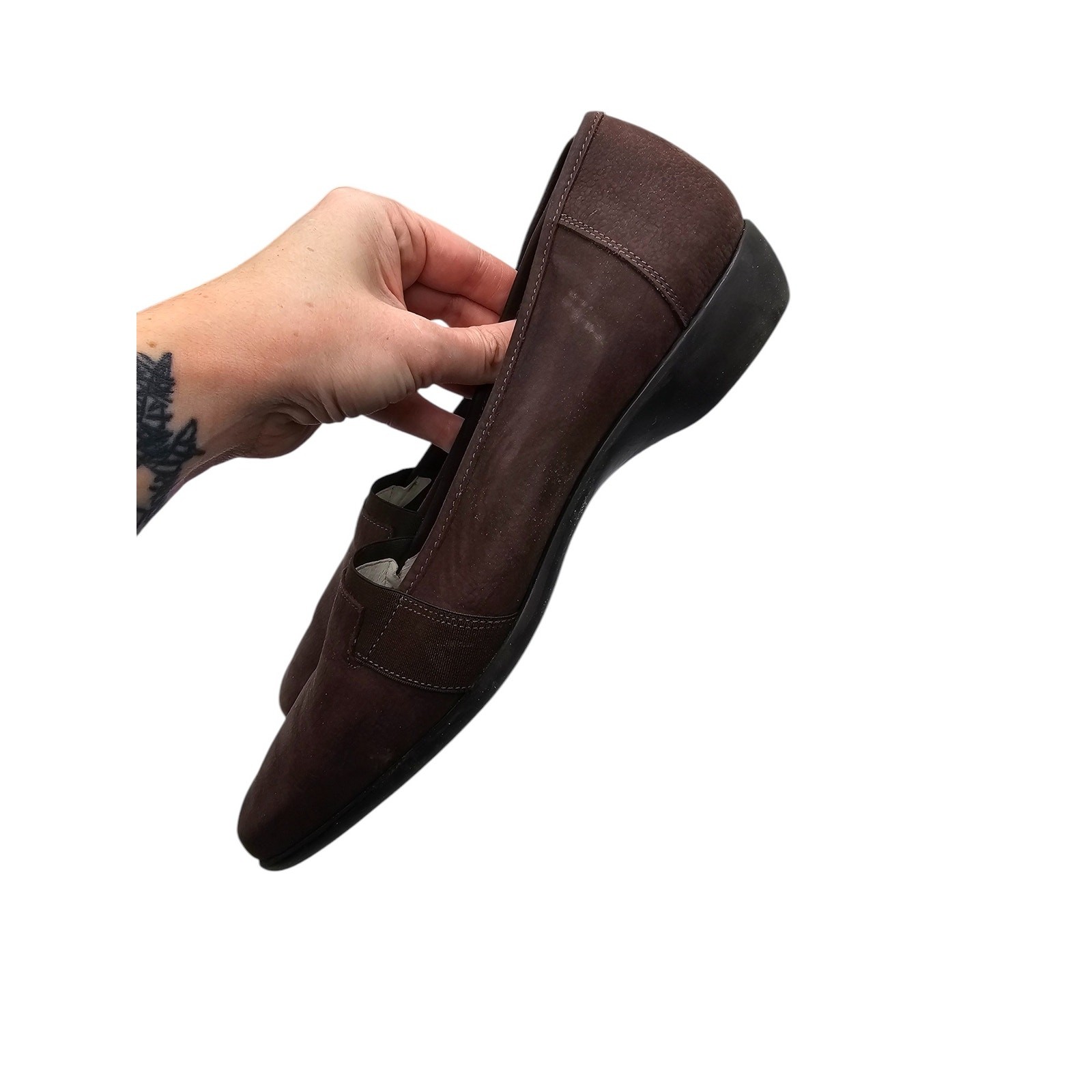 SAOLA Mocassini slip on Sesto Meucci pelle scamosciata marrone tacco 1 pollice suola gomma taglia 9 5