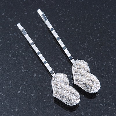 2 Braut/Abschlussball Kristall, simulierte Perle ''Herz'' Haar Griffe/Schieber in Rhodium