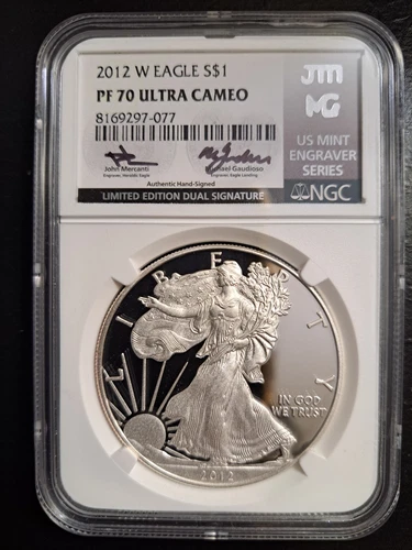 2012 W PROOF SILVER EAGLE NGC PF70 MERCANTI GAUDIOSO LIMITED DUAL SIGNATURE MES 
