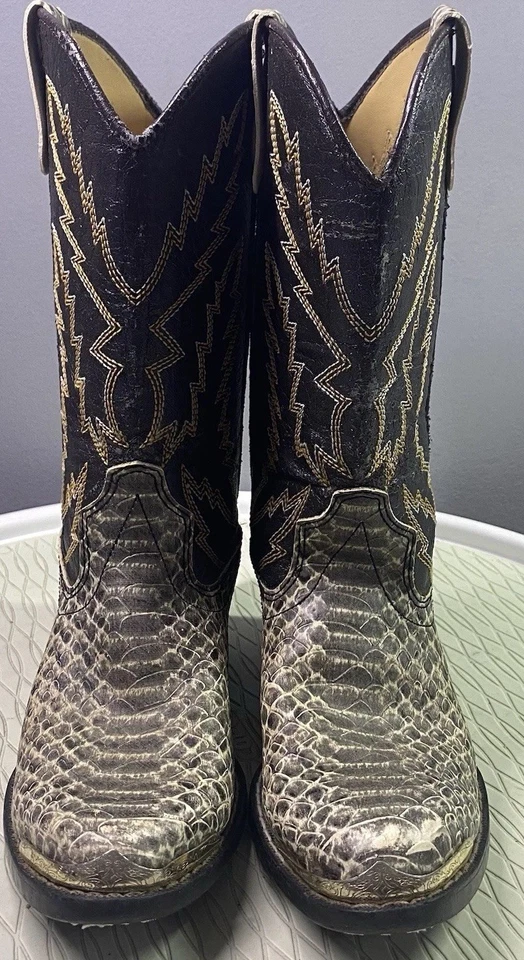 Laredo Youth Boys Cowboy Boots Snakeskin Print Brown& Grey Western Sz.2 See Pics - Image 2 of 4