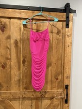 Hot Pink Ruched Bodycon Mini Dress Straight Neck Strappy Sleeveless XS