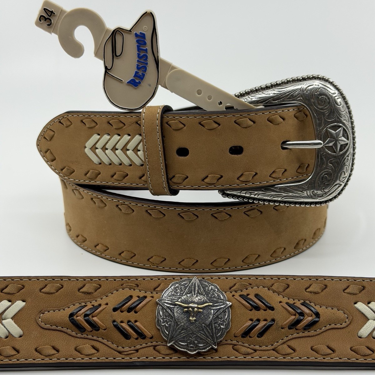 Vtg Resistol Belt Genuine Leather Long Horn Concho Western  display picture 1