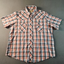 Wrangler Pearl Snap Shirt Mens 2XL Peach Gray Plaid Western Cowboy Short Sleeve
