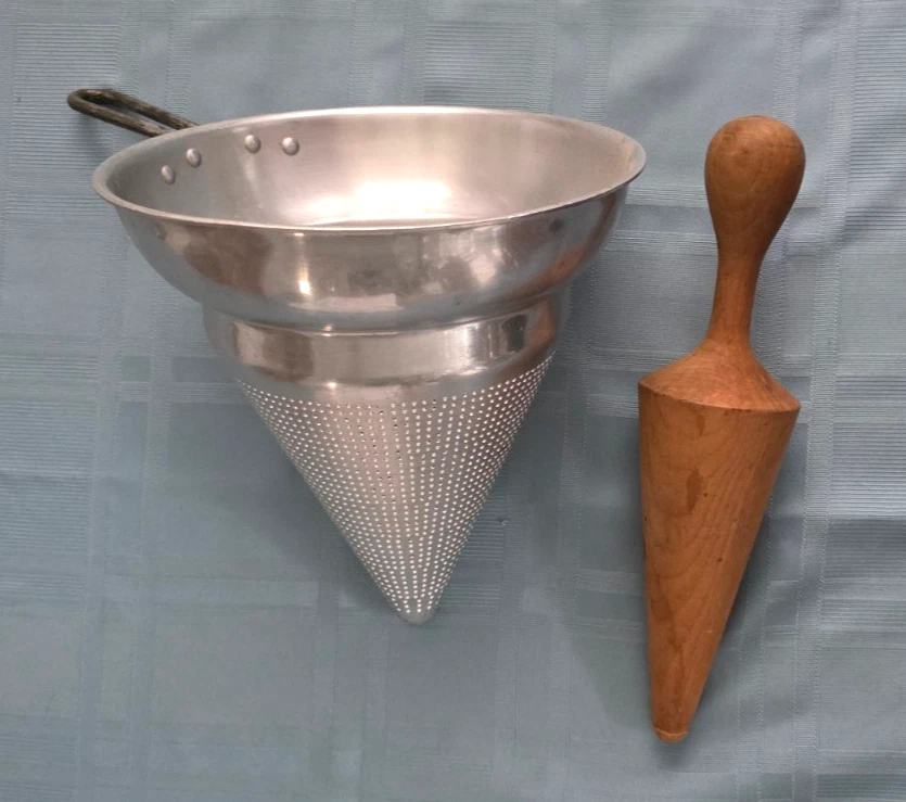 Vintage Wear-Ever No. 8 Aluminum Cone Strainer Sieve w/ Wood Pestle