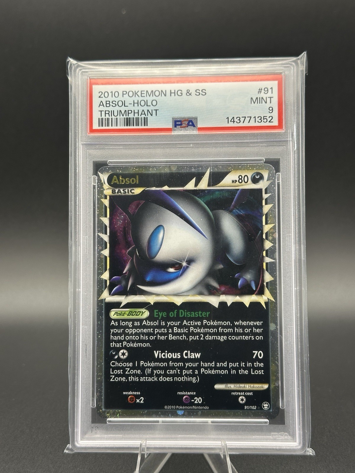 PSA 9 2010 POKEMON HEARTGOLD & SOULSILVER TRIUMPHANT #91 ABSOL-HOLO PRIME