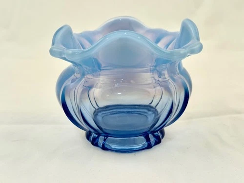 VINTAGE Fenton Opalescent Blue Rose Bowl With Fenton Mark