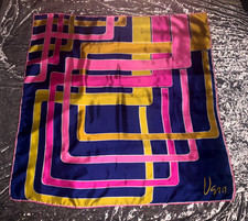Vtg 1960s Vera Neumann Silk Hand Rolled Geometric Scarf Blue Pink Yellow