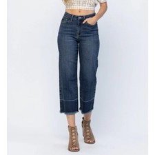 Judy Blue High Rise Wide Leg Crop Jeans Dark Wash Raw Hem - Size 3/26