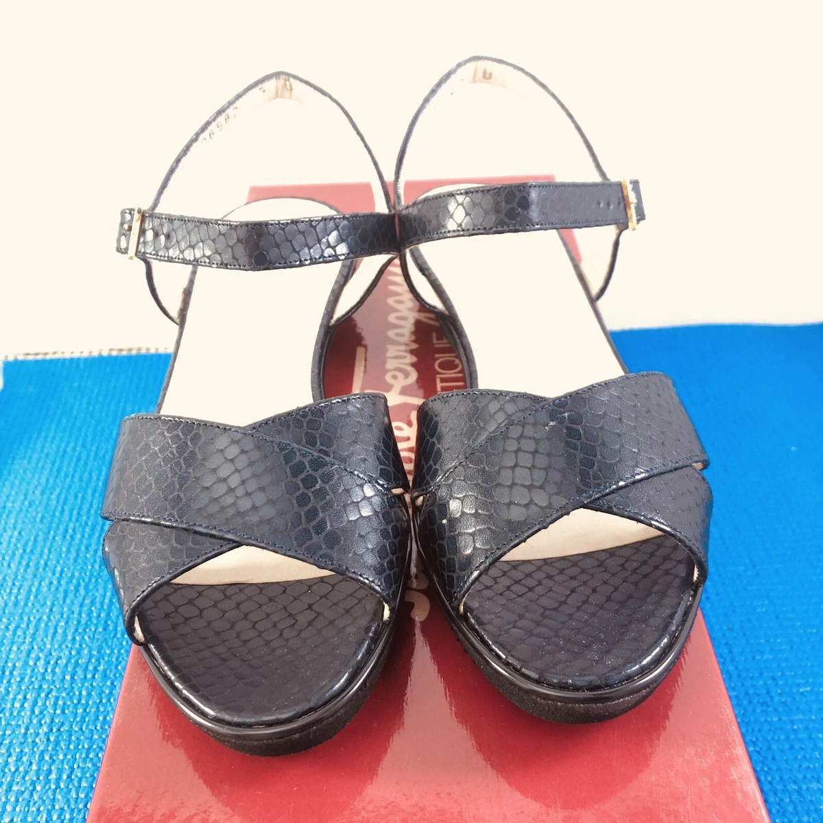 Salvatore Ferragamo Blue Sandals with Red and White Accents SALVATORE FERRAGAMO FLORENCE MADE IN ITALY NAVY BLUE SANDALS  main image 4