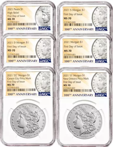 2021 Morgan/Peace Dollar 6 Set - NGC MS70 First Day Privy P/D/S/O/CC Confirmed