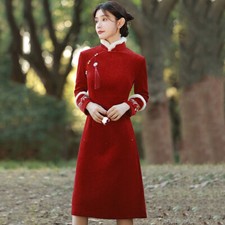 Women Velvet Midi Cheongsam Qipao Dress Embroidery Tassel Faux Fur Trim Vintage