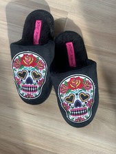 Betsey Johnson Slippers 5-6 Floral Hearts Slip On Slides Sugar Skull Love Gift