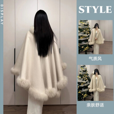 2024 Fox Fur Shoulder Female, Woolen Bucket Cloak Type, with Real Hair for Women