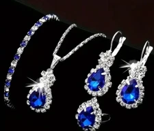 Jewelry Set - Teardrop Blue Bling Earrings Necklace Bracelet & Ring Fashion