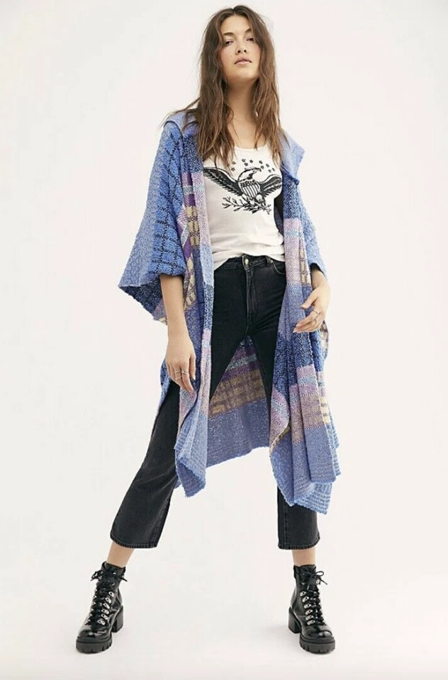 NEW One Size Free People Mercer Hooded Sweater Kimono Cover-up Blue Yellow Plaid - Изображение 2 из 4