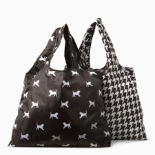 Foldable Poly Grocery Store Reusable Shopping Bag - Set of 2 HOUNDSTOOTH PUPPY 