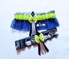 Navy Organza Seahawks Fabric, Leg Wedding/Prom Garter Set, Flower, 19-22"