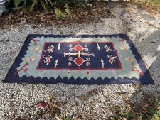 Large Oltenia Romanian Bird Kilim Rug. blue red. 8’2” x 5’11”