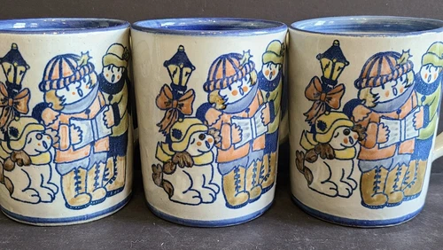 Louisville Kentucky Vintage Stoneware Pottery 3 Coffee Tea Mug Cup Carolers Dog