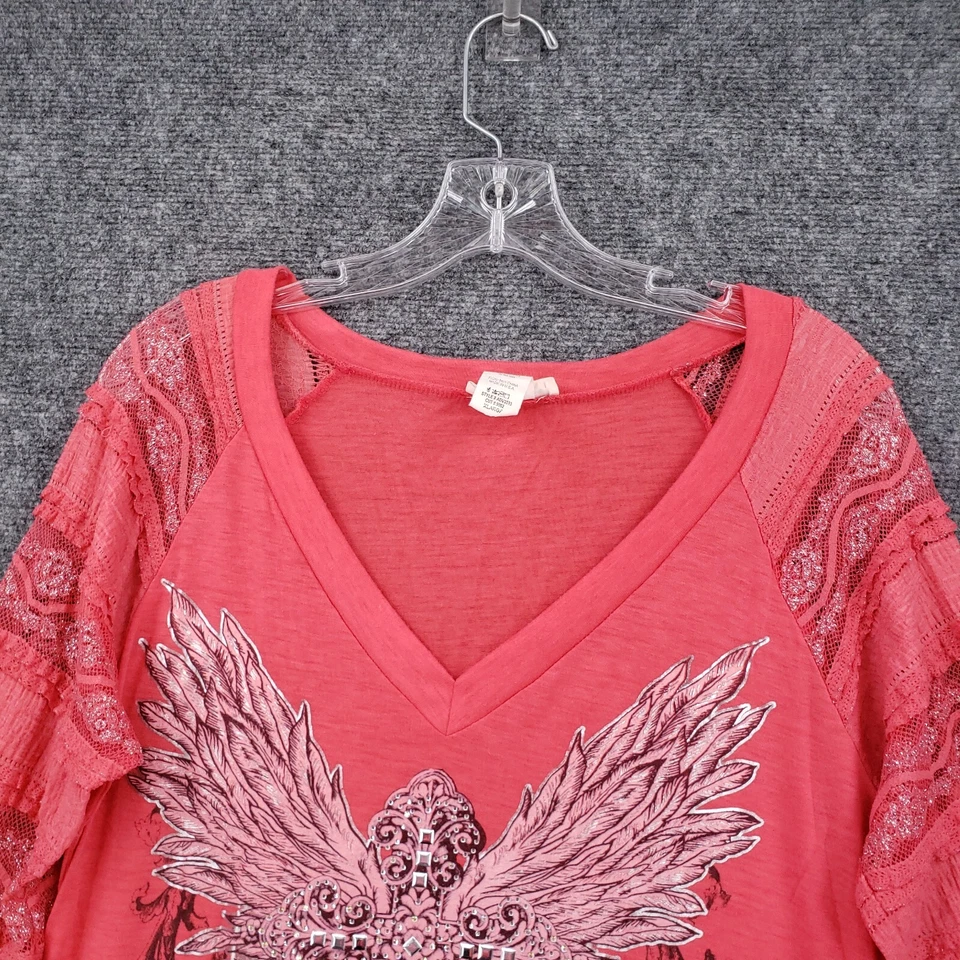 Camisa Angels Diamonds Mujer XL Rosa Cuello en V Tachonado Encaje Manga 3/4 Camiseta Y2K EE. UU. Foto 3 de 4