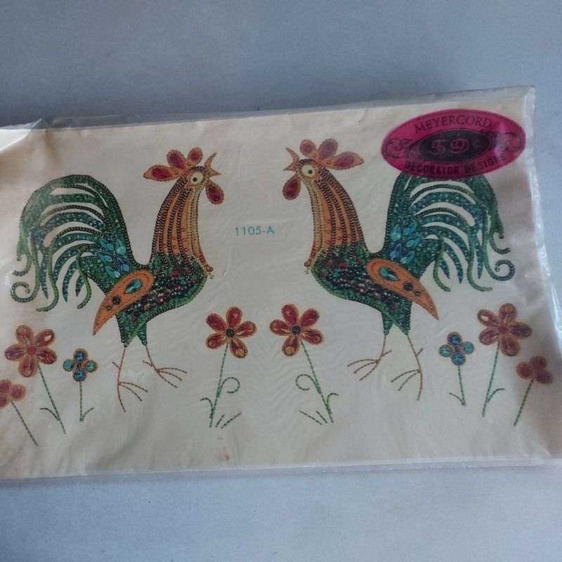 Vintage Meyercord Decals Rooster Chicken Blue, Green, Red, Gold Retro Kitchen