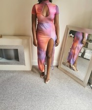 Pretty Little Thing Multi Colour Thigh Split High Maxi Dress Size 8