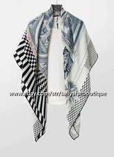 Sallys 70% Cashmere 30% Silk Wrap Scarf Theater Print Square Stole Shawl 53" Blk