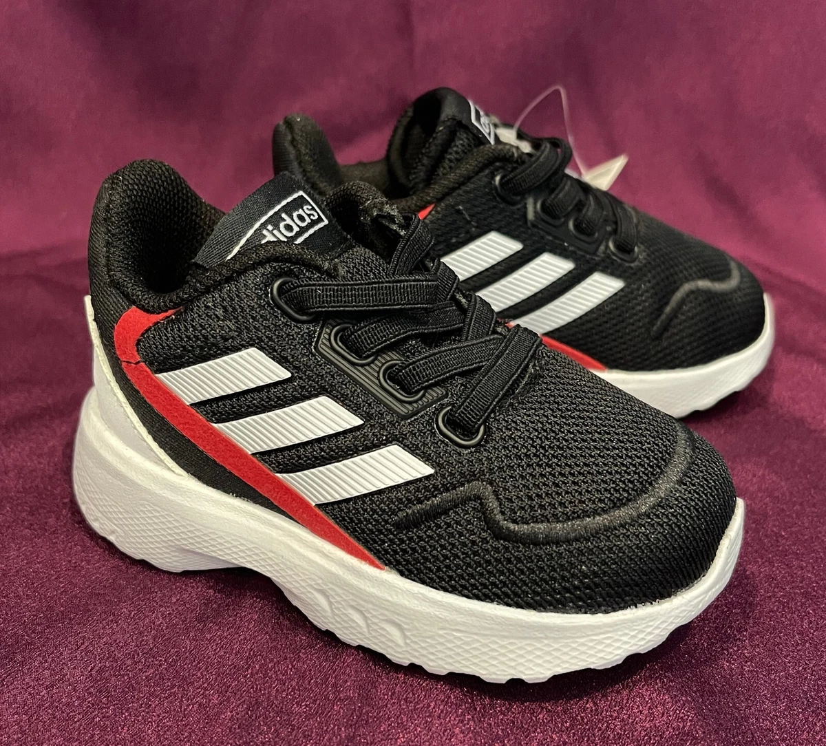 New adidas Baby Toddler Running Shoes Size 4K Black White Red