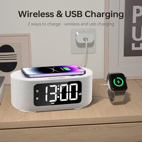 Fabric Alarm Clock for Bedroom, with Big Led Screen Display, Bluetooth Gray - 第 4/7 張圖片