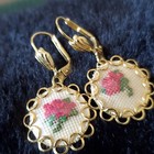 Vintage Petit Point Needlepoint Pierced Goldtone Earrings Signed GERMANY,  ) — photo 2