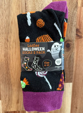 HALLOWEEN SOCKS 2 Pack Womens Size 4-10 Skeletons Candy Pumpkins Black White NEW