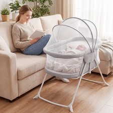 Baby Bassinet w/Rocking Motion Foldable Bedside Sleeper w/Breathable Mesh