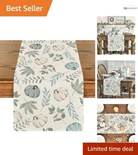 Blue Fall Pumpkins Eucalyptus Leaves Table Runner 13x90 Seasonal Decor