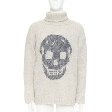 ALEXANDER MCQUEEN grey beige skull intarsia shaggy knit turtleneck sweater S