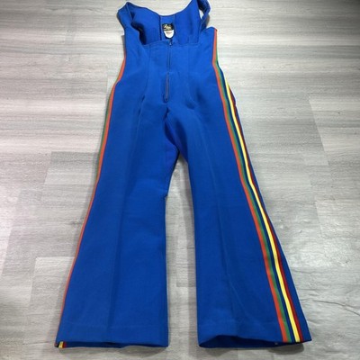 VINTAGE Robbe Ski Overalls Womens 12 Blue Rainbow Stripe Wool Stirrup Bib USA