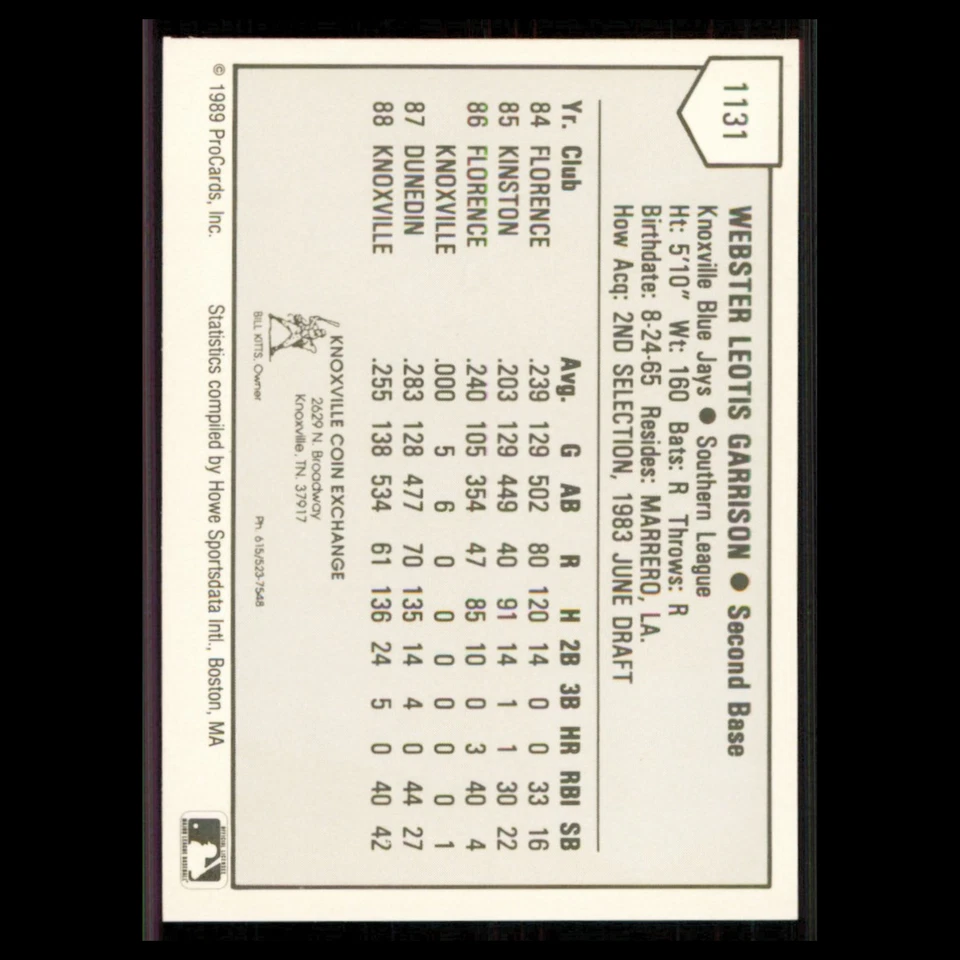 Webster Garrison #1131 1989 ProCards Minor League Team Sets Knoxville Blue Jays - Image 2 of 3