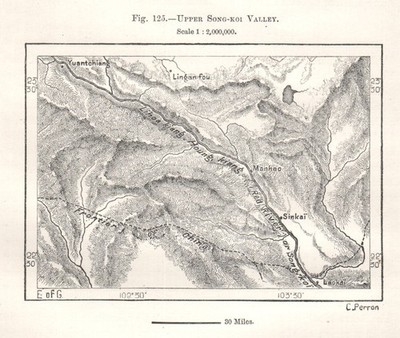 Upper Red River Valley. China. Skizzenkarte 1885 alte antike Plankarte