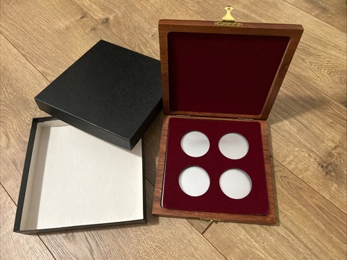 Wooden Cherry Finished Display Case for 4 Coins with Burgundy Interior & Box