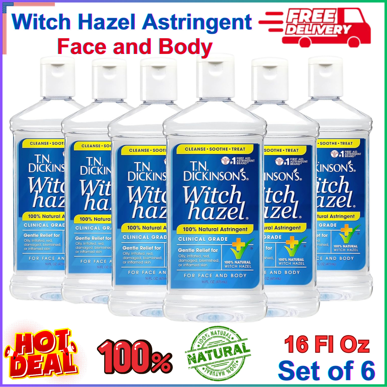 TN Dickinsons Witch Hazel Astringent For Face & Body 100% Natural 16 Fl (6 PACK)