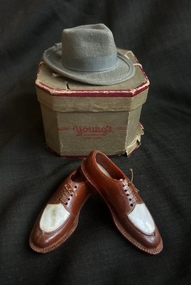 Vintage LOT  Miniature Men's Felt Fedora Hat and Plastic Wingtip Shoes for Dolls